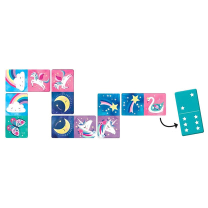 Mudpuppy Unicorn Domino Game with unicorns, rainbows, clouds, and butterflies
