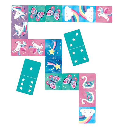 Mudpuppy Unicorn Domino Game with unicorns, rainbows, clouds, and butterflies