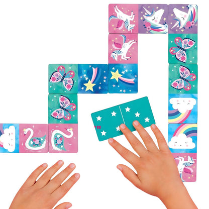 Mudpuppy Unicorn Domino Game with unicorns, rainbows, clouds, and butterflies