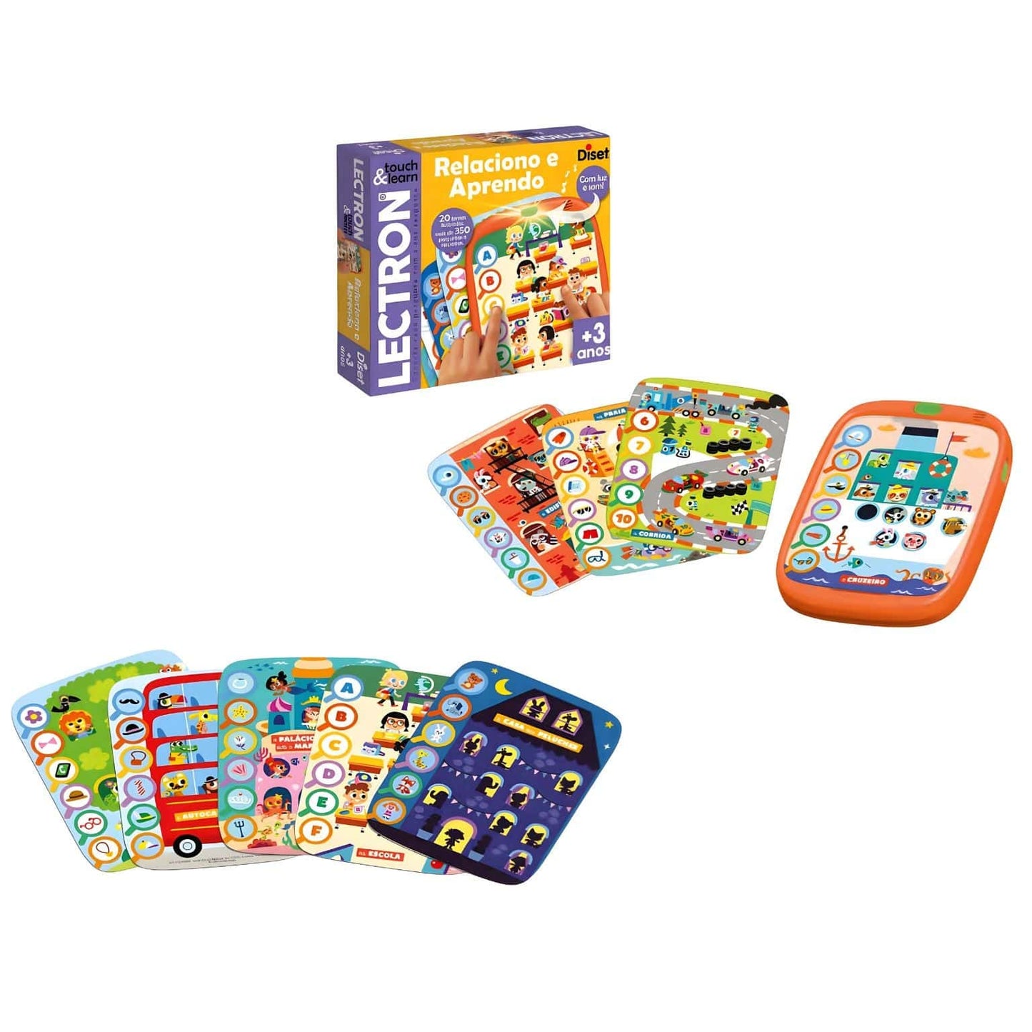 Jogo educativo Lectron Relaciono e Aprendo Diset com cartões ilustrados e painel com luz e som