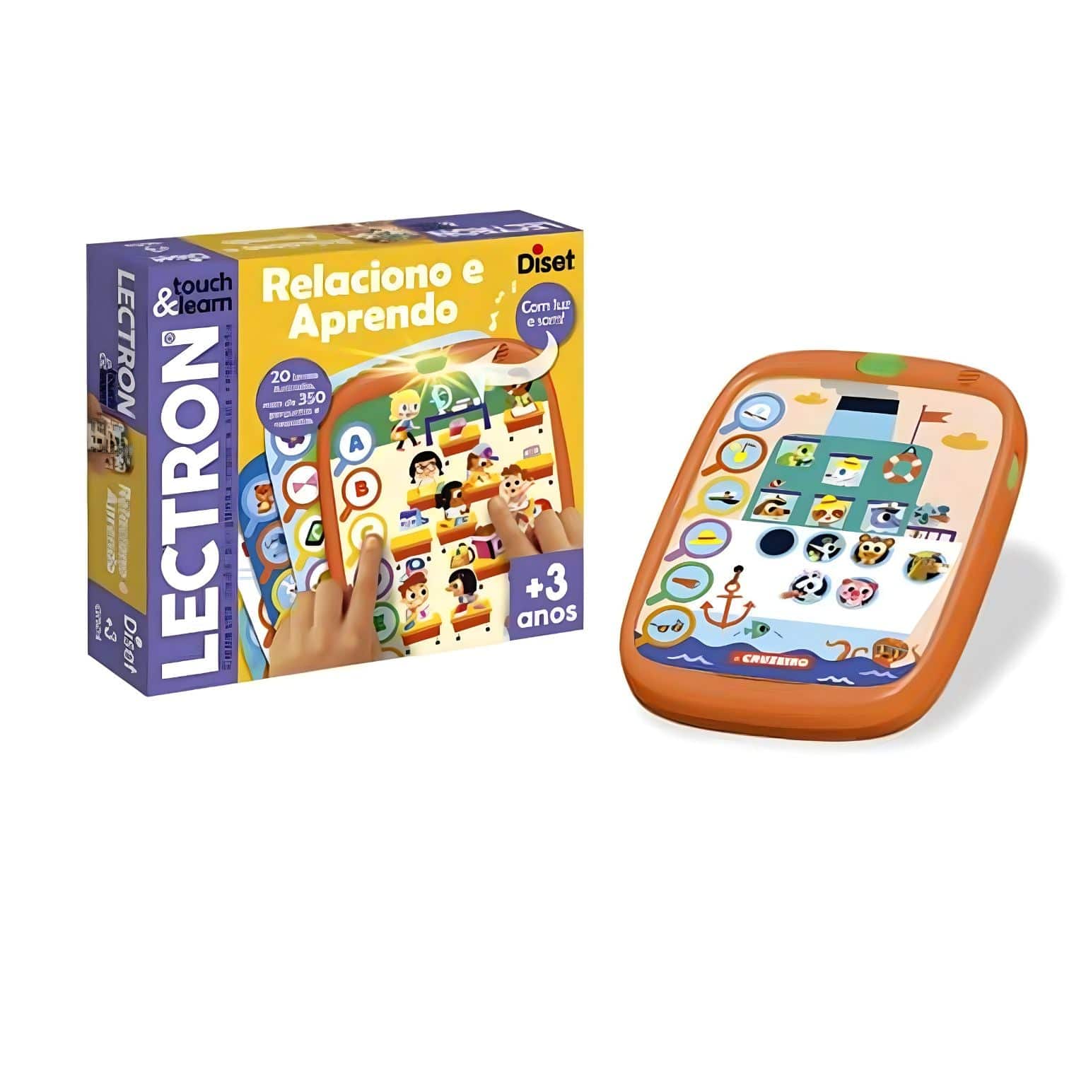 Jogo educativo Lectron Relaciono e Aprendo Diset com cartões ilustrados e painel com luz e som