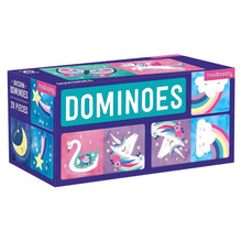 Jogo de Dominó Unicórnio da Mudpuppy com unicórnios, arco-íris, nuvens e borboletas