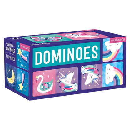 Mudpuppy Unicorn Domino Game with unicorns, rainbows, clouds, and butterflies