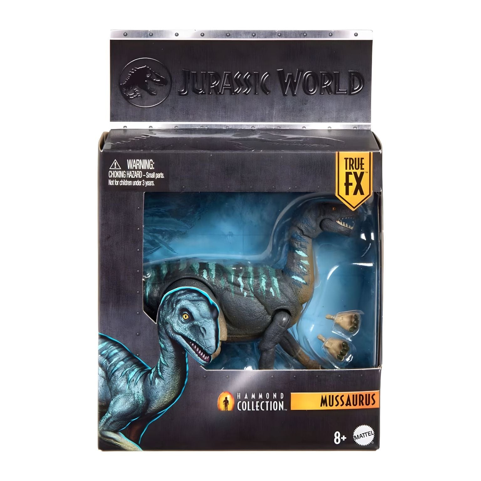 Jurassic World Hammond Collection Mussaurus na embalagem com tons azulados e riscas turquesa, logótipo Jurassic World e selo Hammond Collection