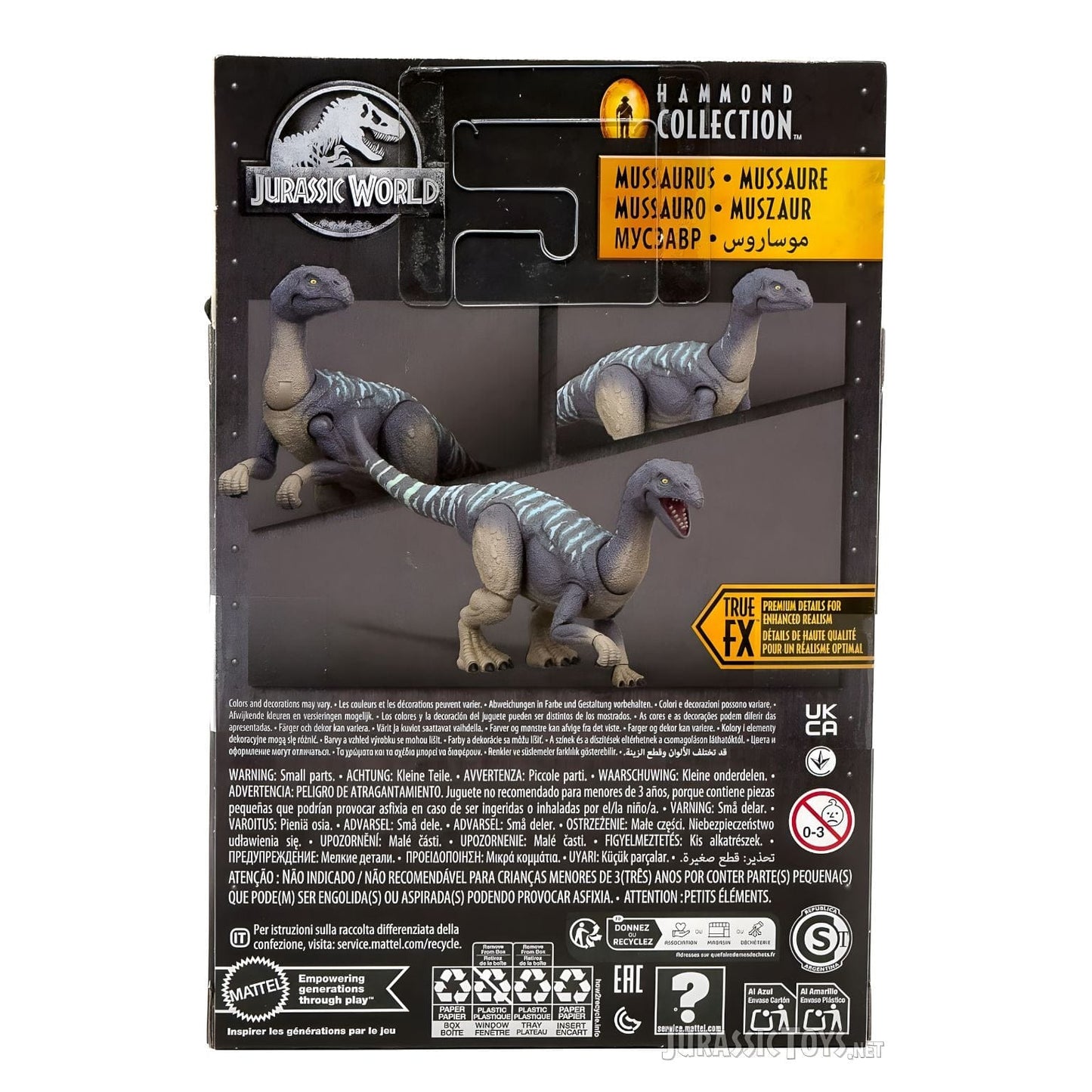 Jurassic World Hammond Collection Mussaurus na embalagem com tons azulados e riscas turquesa, logótipo Jurassic World e selo Hammond Collection