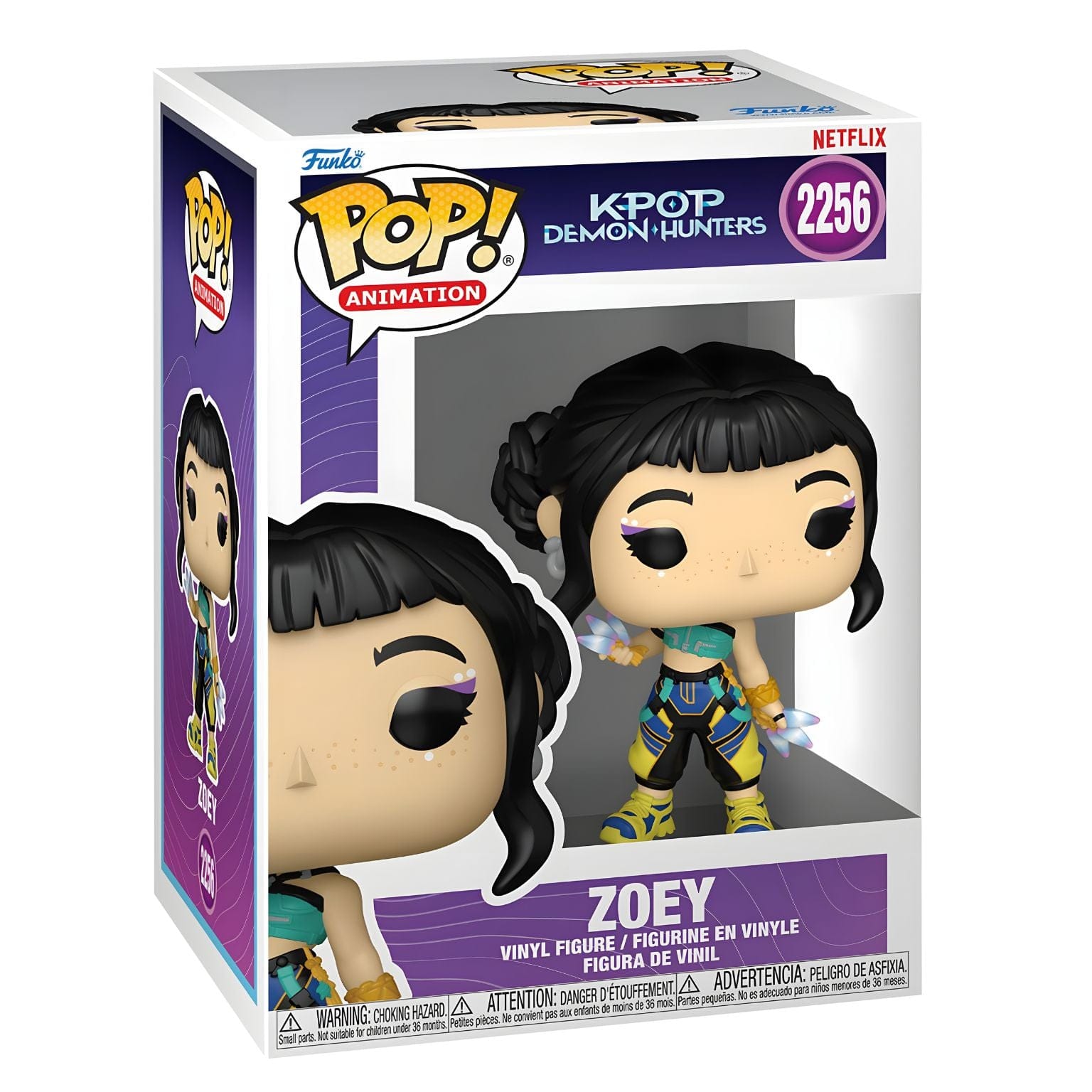 Funko Pop Zoey K-Pop Demon Hunters com cabelo preto, roupa turquesa e azul e acessórios brilhantes