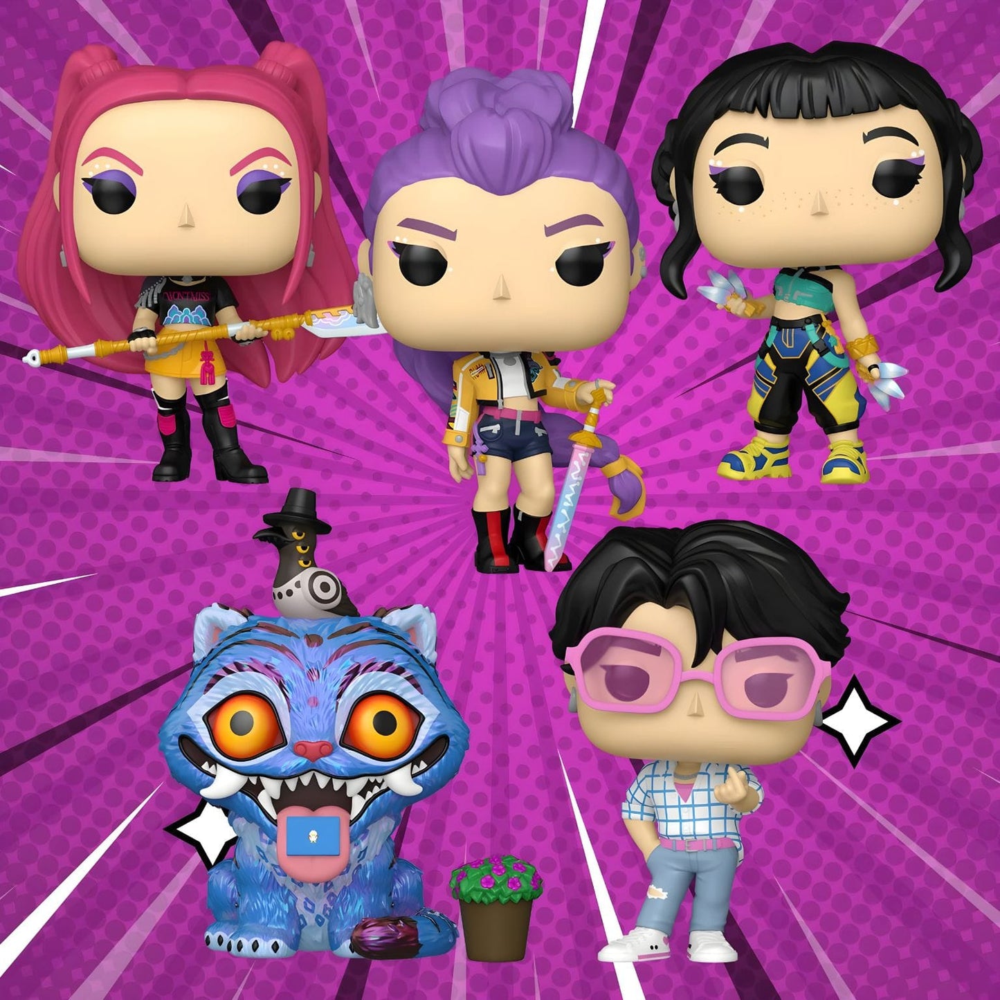 Funko Pop Zoey K-Pop Demon Hunters com cabelo preto, roupa turquesa e azul e acessórios brilhantes