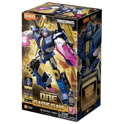 Blokees Transformers Sentinel Prime blue and gold robotic figure in combat pose