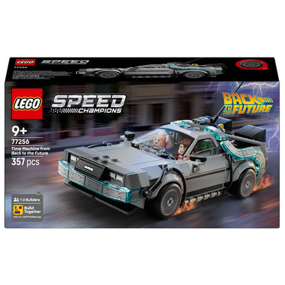 Lego Speed Champions Back to the Future Time Machine iconic gray DeLorean car with minifigures playing
