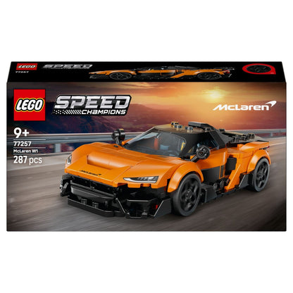 Lego Speed Champions McLaren W1 orange and black car with pilot minifigure and helmet