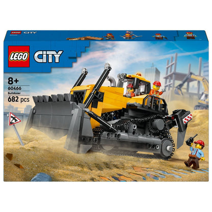 Lego City - Yellow Bulldozer with construction figures and front blade in construction site setting