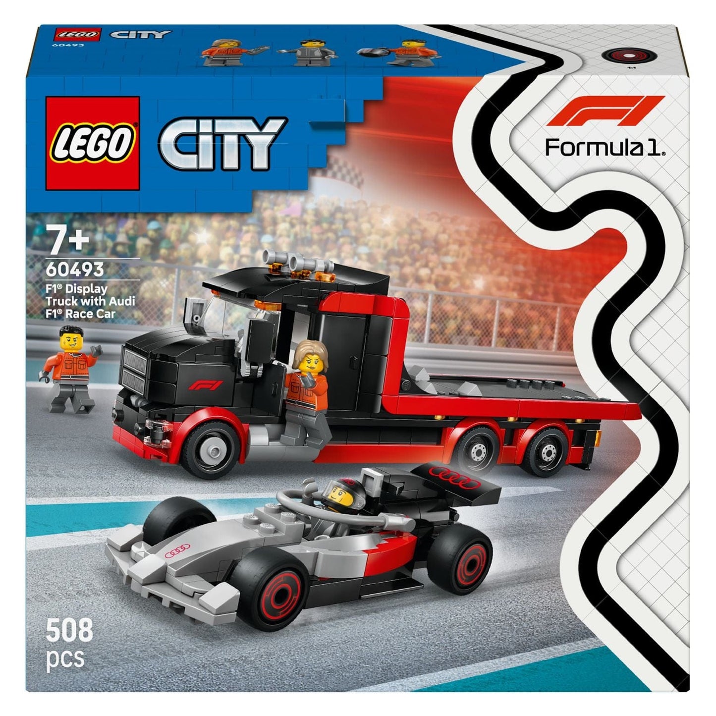 Lego City camião de exposição de F1 com carro de corrida Audi e minifiguras de equipa