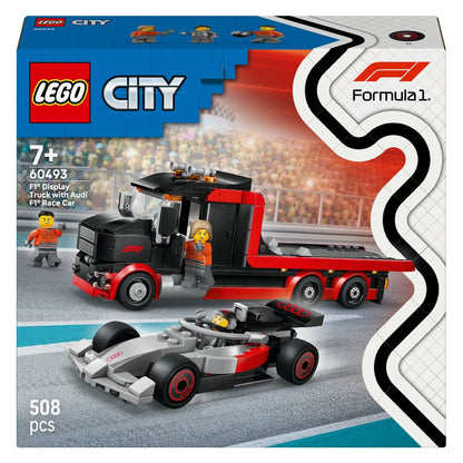 Lego City F1 exhibition truck with Audi race car and team minifigures
