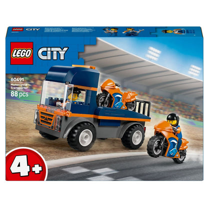 Lego City Motorcycle Transport Truck with blue and orange truck and two racing motorcycles
