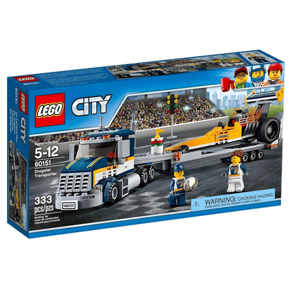 Lego City Dragster Transporter with truck, trailer, and yellow dragster for racing play