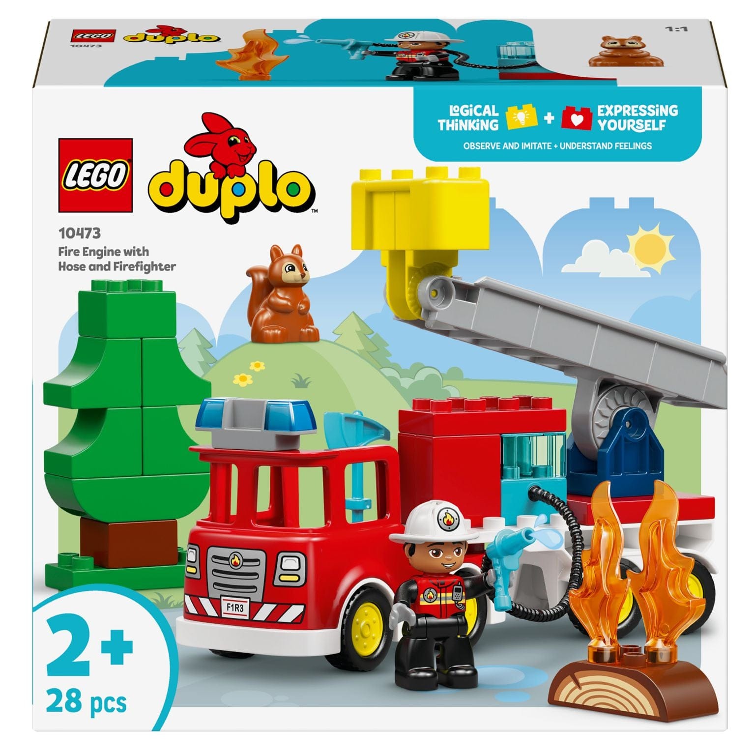 Lego Duplo camião de bombeiros com mangueira e bombeiro com chamas árvore e esquilo