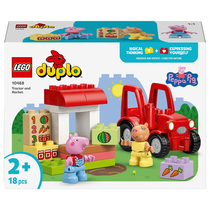 Lego Duplo Tractor and Market with red tractor, market, and Peppa Pig figures