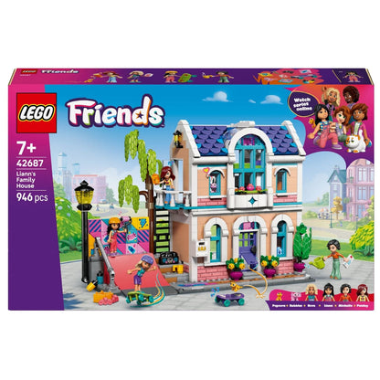 Lego Friends Liann's Family House with pastel house, skateboard ramp, and Friends characters