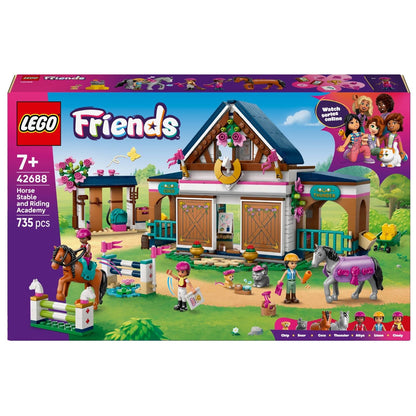Lego Friends Stables and Riding School with stables, horses, jump, and Friends characters