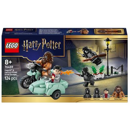 LEGO Harry Potter Hagrid's Escape from Privet Drive with motorcycle and sidecar, pursuers, and night street scene