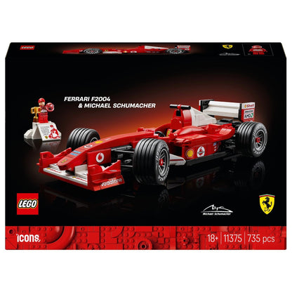 Lego Icons Ferrari F2004 and Michael Schumacher red model with minifigure and trophy