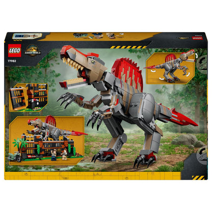 Verso da caixa do Lego Jurassic World Fuga do Espinossauro com funções do conjunto