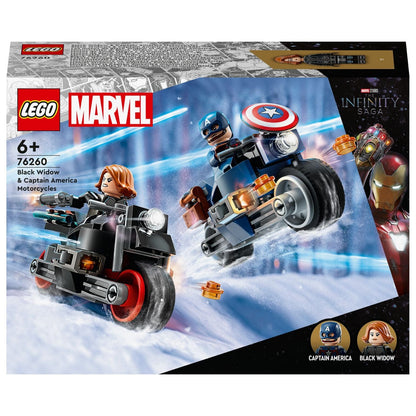 Lego Marvel Black Widow and Captain America Motorcycles with two motorcycles and minifigures in action