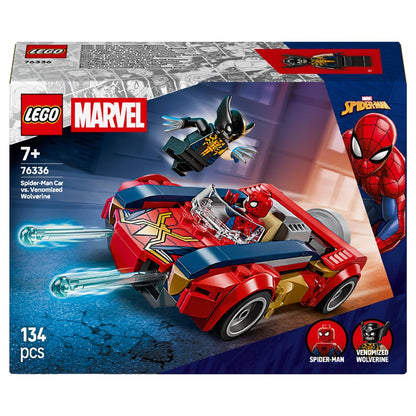 Lego Marvel Spider-Man's Car vs Venomized Wolverine with minifigures and red and blue car