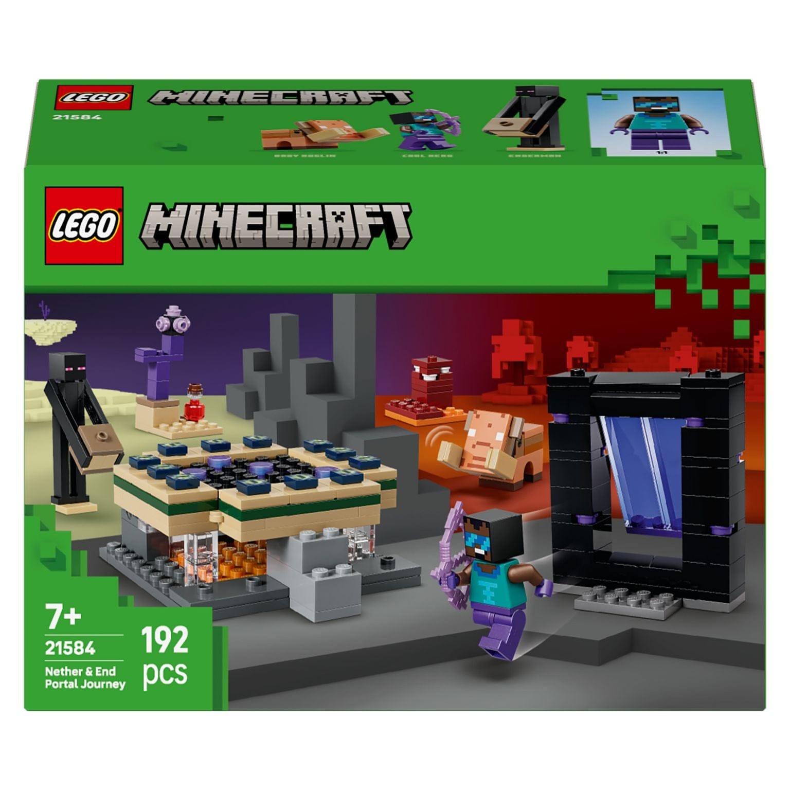 Lego Minecraft Jornada em Nether e Portal do End com portal, personagens Minecraft e cenário de aventura