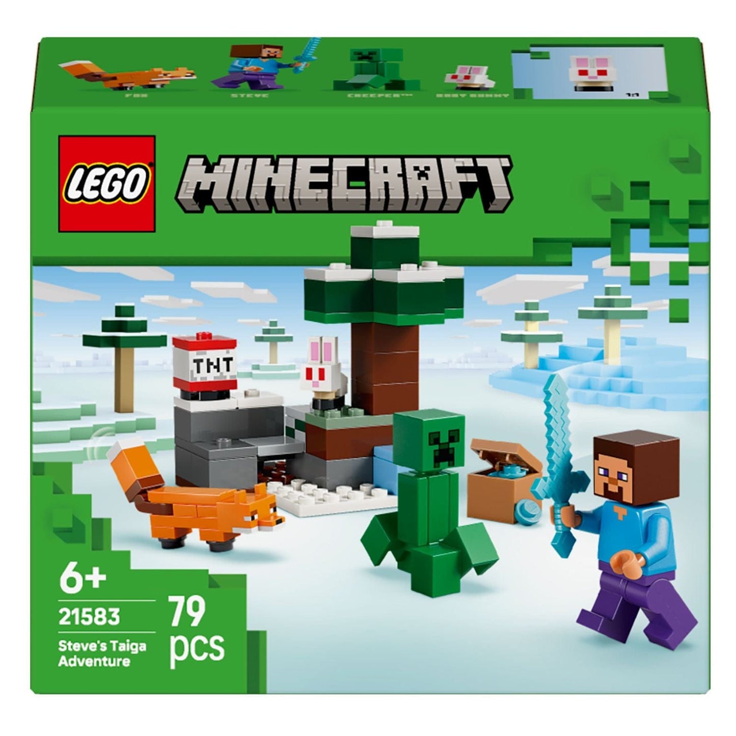 Lego Minecraft Aventura em Taiga do Steve com Steve, Creeper, raposa, coelho e cenário de taiga