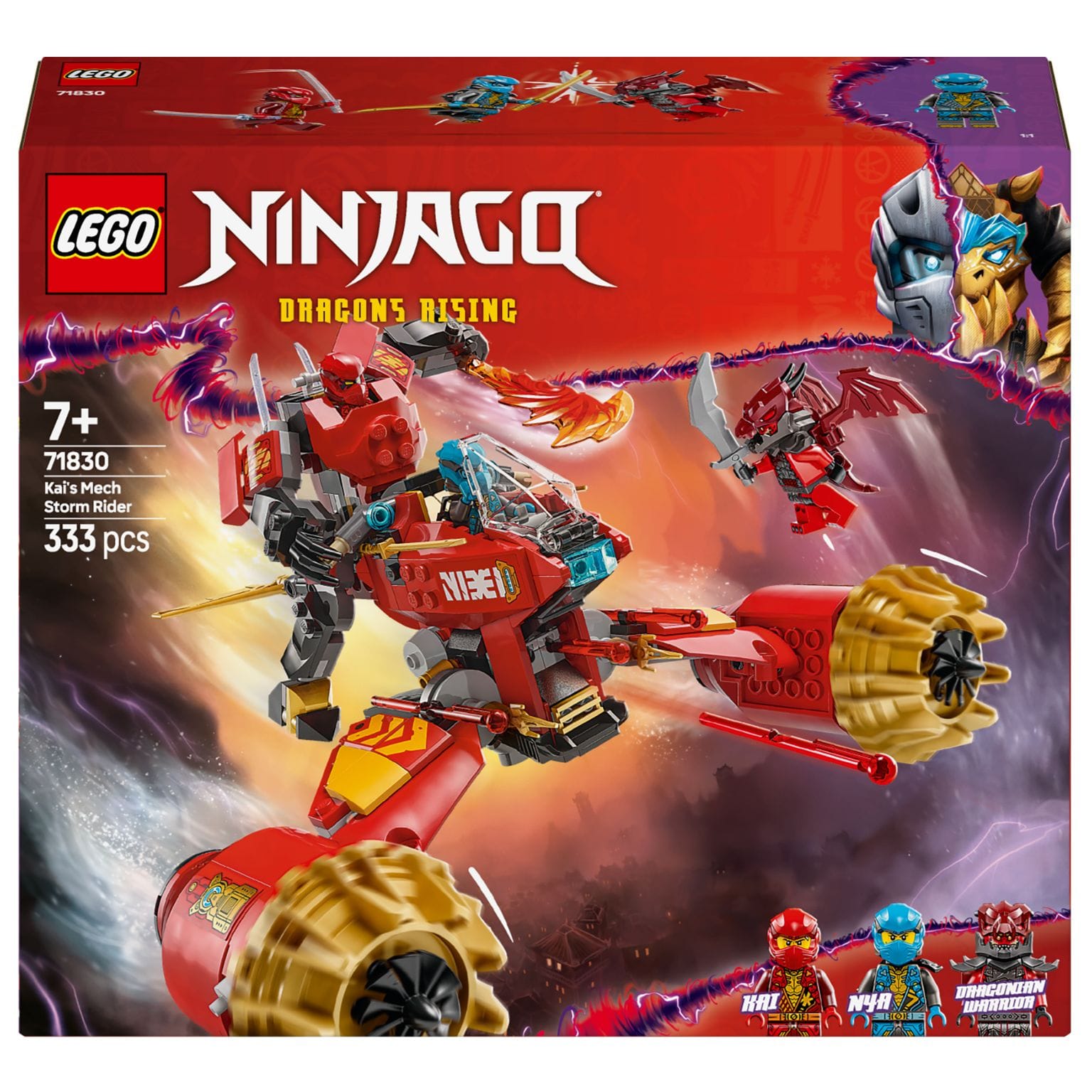 Lego Ninjago Robô Motard da Tempestade do Kai veículo vermelho com robô ninja e efeitos de chama