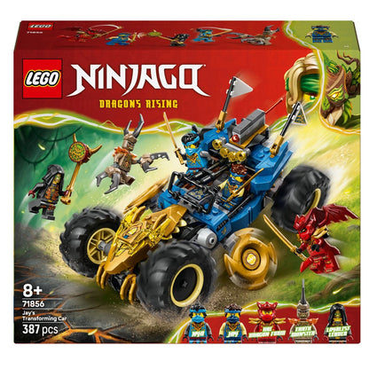 Lego Ninjago Jay's Transformable Car with ninja figures and blue and gold vehicle