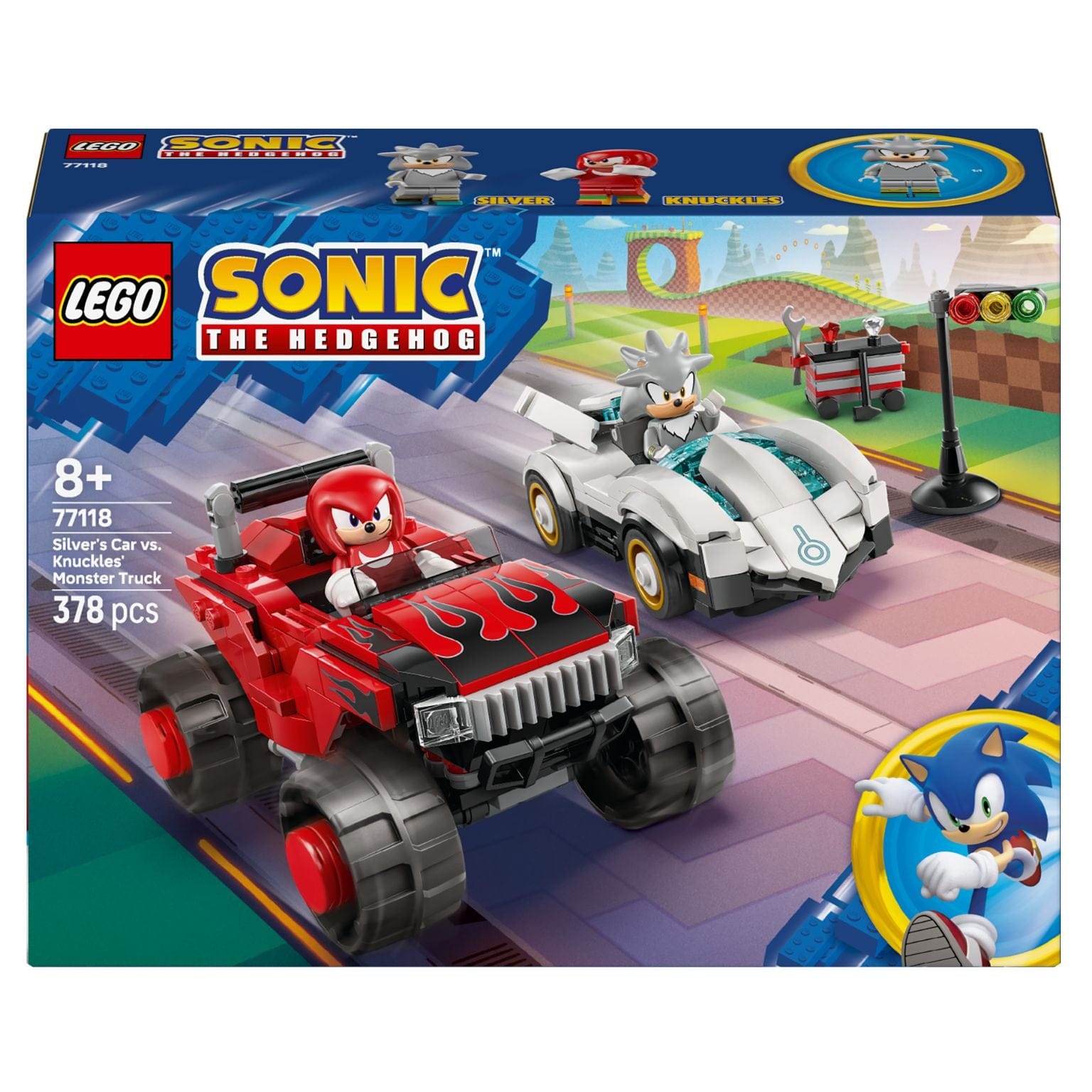 Lego Sonic Carro do Silver contra Monster Truck do Knuckles com veículos e acessórios de corrida
