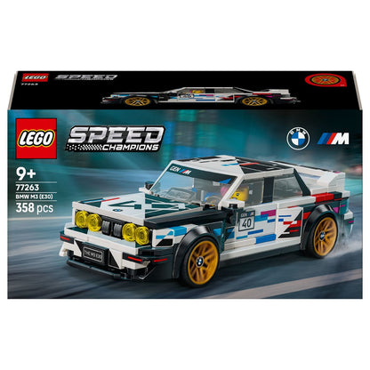 Caixa Lego Speed Champions BMW M3 (E30) com carro branco de competição