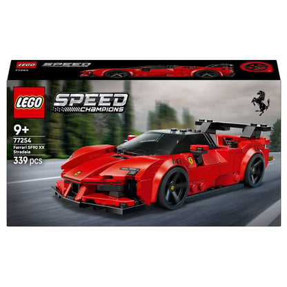 Lego Speed Champions Ferrari SF90 XX Stradale red sports car with rear wing and Ferrari minifigure