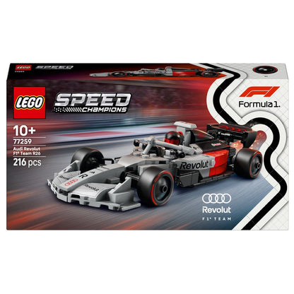 LEGO Speed Champions Audi Revolut F1 Team R26 race car gray, black, and red with driver and helmet