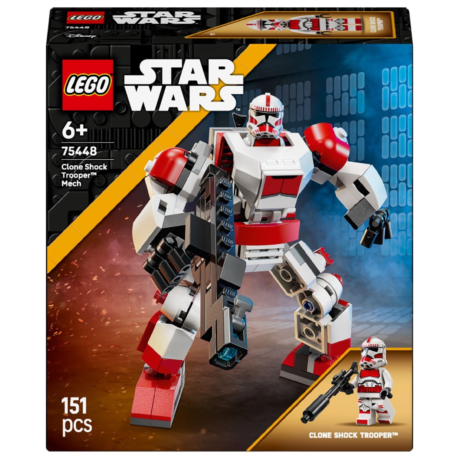 Lego Star Wars Robô Clone Shock Trooper branco e vermelho com minifigura e arma em cenário de ação