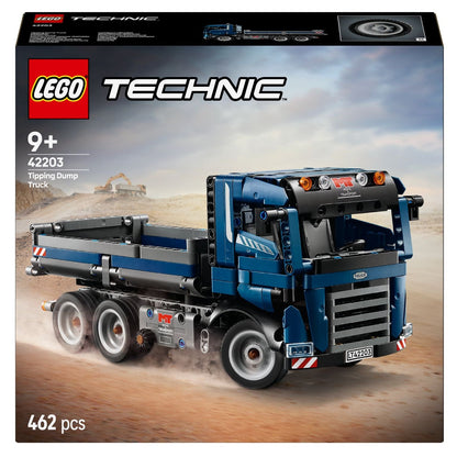 Blue LEGO Technic Dump Truck on a construction site