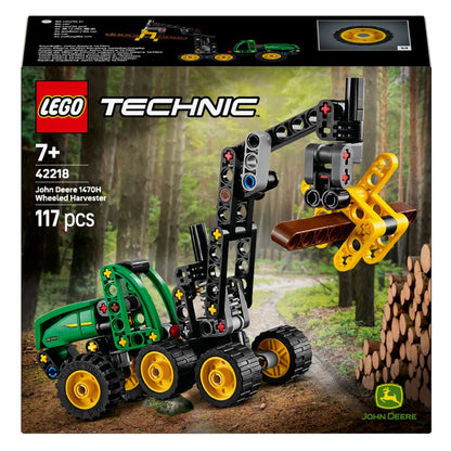 Lego Technic John Deere 1470H Harvester green and yellow with articulated arm and claw holding logs