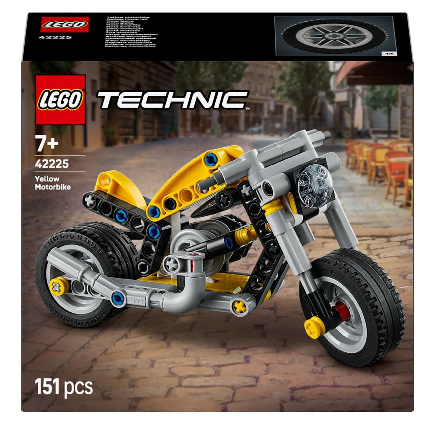 Lego Technic Mota Amarela construída em amarelo e cinzento, estilo mota desportiva, ideal para crianças 7+.