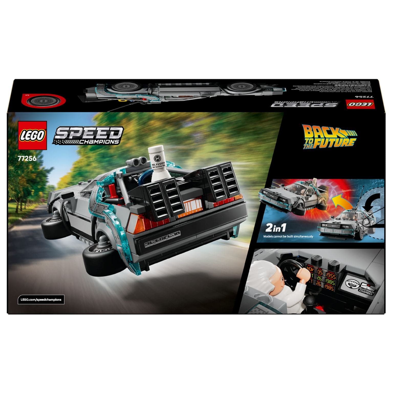 Lego Speed Champions Máquina do Tempo de Regresso ao Futuro carro cinzento icónico DeLorean com minifiguras a brincar