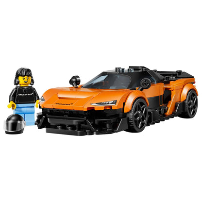 Lego Speed Champions McLaren W1 orange and black car with pilot minifigure and helmet