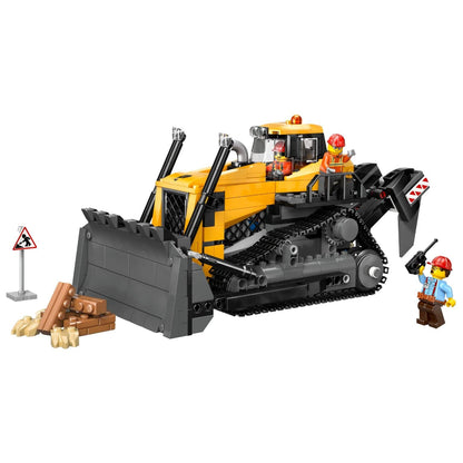 Lego City - Yellow Bulldozer with construction figures and front blade in construction site setting