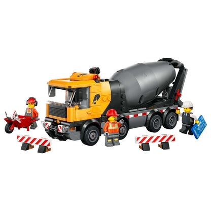 Lego City Concrete Mixer Truck with minifigures and construction barriers