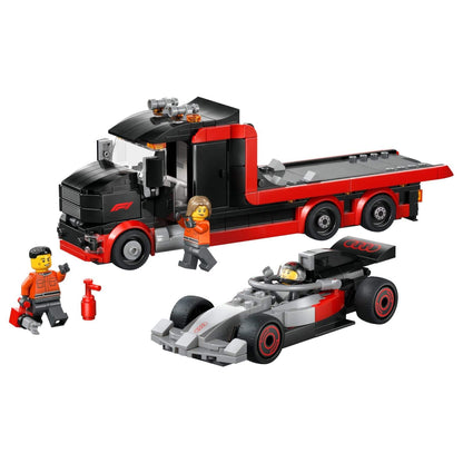 Lego City F1 exhibition truck with Audi race car and team minifigures
