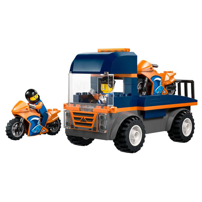 Lego City Motorcycle Transport Truck with blue and orange truck and two racing motorcycles