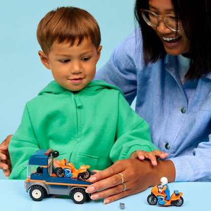 Lego City Motorcycle Transport Truck with blue and orange truck and two racing motorcycles