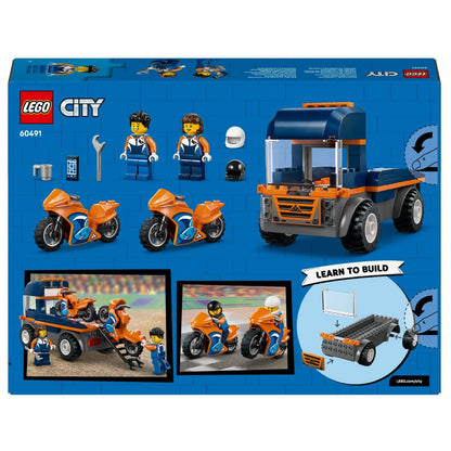 Lego City Motorcycle Transport Truck with blue and orange truck and two racing motorcycles