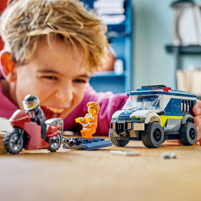 Lego City police prisoner transport van with motorcycle and minifigures in pursuit