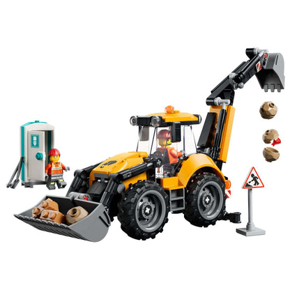LEGO City yellow backhoe loader in imaginary construction site scenario